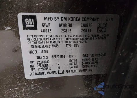 2021 Chevrolet Trailblazer Awd Activ from USA, damaged, VIN KL79MSSLXMB171649